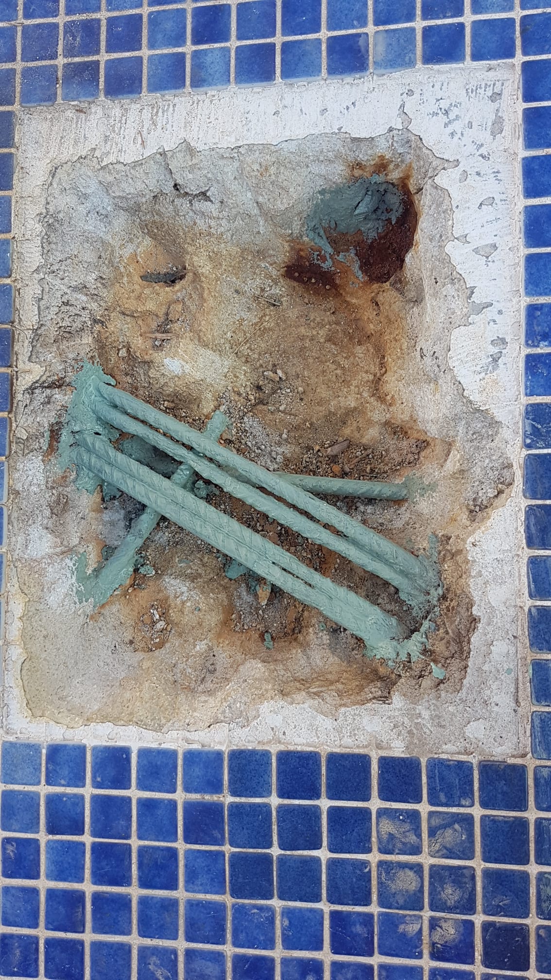 Close-up of primed rebar in pool wall